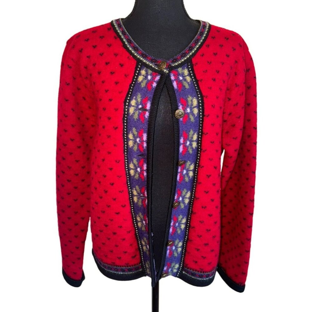 Vintage Tally 100% Boiled Wool Button Cardigan Sweater Red Floral Grandmacore